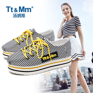 Tt&Mm/汤姆斯女鞋百搭韩版松糕鞋条纹帆布鞋厚底小熊布鞋