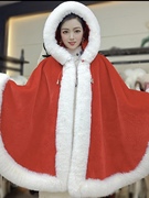 中国红毛领披肩宽松大码气质连帽珍珠盘扣秋冬保暖斗篷披肩外套女