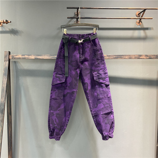 欧洲站紫色迷彩休闲工装裤女洋气2024春季个性潮流牛仔哈伦裤