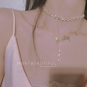 法式复古优雅仙气蝴蝶珍珠水钻，双层项链小众，设计感轻奢锁骨链颈链
