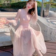 闲色2021年夏季粉色雪纺连衣裙，女7分袖气质，显瘦中长裙a字裙潮
