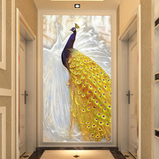 欧式3d玄关过道走廊背景墙，壁纸简约5d立体孔雀，装饰壁画影视墙布