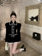 设计“南法少女”千金黑色丝绒套装泡泡袖高级感两件套