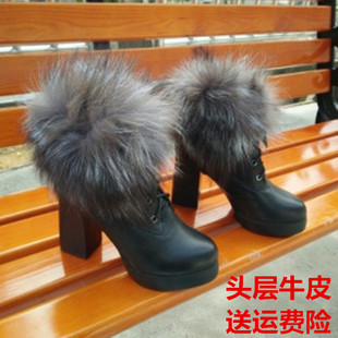 冬季粗跟短靴女士狐狸，毛毛高跟鞋加绒保暖棉鞋，真皮马丁靴瘦瘦靴子
