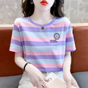 纯棉紫色条纹短袖t恤女2024夏装韩版宽松设计感百搭圆领体恤