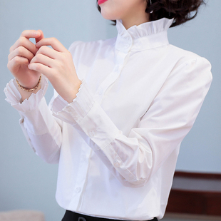 立领白色衬衫女长袖2023韩版春秋内搭洋气，雪纺衬衣打底上衣寸