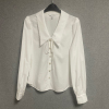欧美时尚春秋款娃娃领法式长袖休闲白色棉衬衣上衣女衬衫