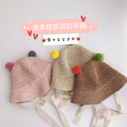 夏季婴儿帽子手工编织彩球，草帽6-12月12-3岁男女宝宝遮阳帽可折叠
