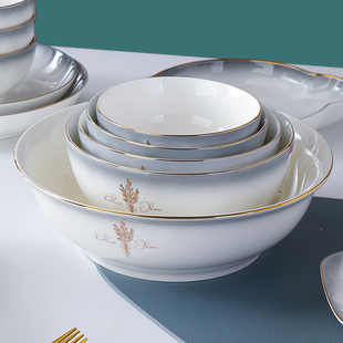金色镶边大汤碗圆形陶瓷吃面碗家用简约拉面炖菜碗可微波汤碗餐具