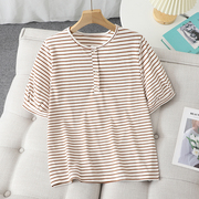 韩版简约条纹半袖t恤女夏装减龄套头圆领小清晰棉质短袖上衣