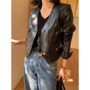 wangxo黑色复古pu皮，衣女秋季2023年设计感气质机车服短款外套