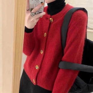 红色复古日系毛衣开衫女2021年秋冬显瘦宽松针织衫外搭外套