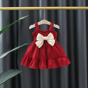 女宝宝夏季吊带裙2024韩版女童，洋气公主裙，婴儿周岁红色纱裙子