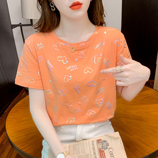 纯棉短袖t恤ins潮夏季女装，2024年韩版印花设计感时尚宽松上衣