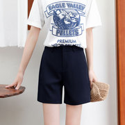 夏季薄款藏蓝色短裤，女高腰直筒宽松西装短裤，百搭休闲显瘦短裤