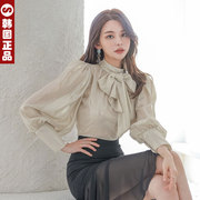韩国春秋新女人味，闪闪高领衬衫仙气通勤薄纱，雪纺上衣气质