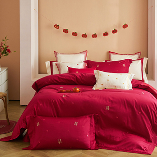 多喜爱家纺60支婚庆纯棉四件套大红结婚床品刺绣1.8米床上用品