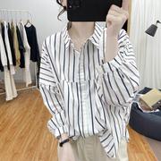 纯棉秋装蝙蝠袖条纹长袖衬衫，女2023韩系宽松减龄上衣复古翻领衬衫