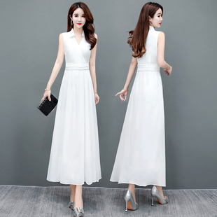 雪纺连衣裙夏高级(夏高级)感2022polo领法式白色长裙气质显瘦无袖裙子