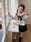 韩国童装2023春季学院风海军，领条纹毛衣，女童百褶裙套装洋气潮