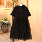 女童连衣裙夏季短袖时尚polo领网纱公主裙，小女孩黑色甜美裙子