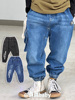 100两件 秋季日系男儿童装碳黑色蓝色帅气大口袋束脚工装牛仔长裤