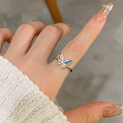 彩钻锆石蝴蝶戒指女小众设计素圈戒指女轻奢高级感尾戒时尚食指环
