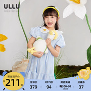 ullu优露童装女童，短袖连衣裙夏小清新花瓣，领提花格子连衣裙