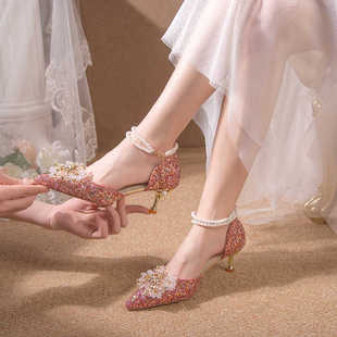 水晶单鞋凉鞋一字带细跟法式成人礼服宴会红色，高跟伴娘婚鞋新娘鞋
