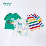 男童短袖t恤夏季纯棉，彩虹条纹洋气上衣中大儿童宝宝外穿衣服童装
