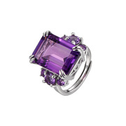 s925纯银大颗方形天然紫水晶戒指，女士轻奢小众，奢华大宝石指环开口