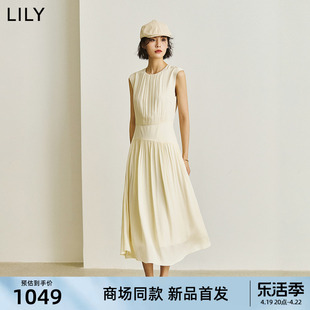 商场同款LILY2024夏季浪漫微光裙高腰无袖白色连衣裙长裙