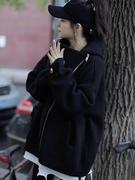 黑色连帽卫衣女秋冬不规则设计感宽松显瘦休闲加绒外套