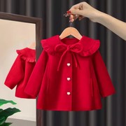 童装女童韩版秋冬毛呢外套，2024红色呢子宝宝冬季儿童过年大衣