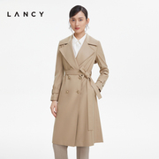 LANCY/朗姿秋季中长款收腰系带羊毛女士风衣外套高级法式复古通勤