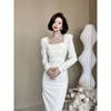 白色连衣裙女秋季2023订婚主持质晚礼服高级感法式伴娘服