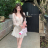 fairyjiang秋季高级感气质长袖，v领蕾丝，白色连衣裙收腰显瘦短裙子