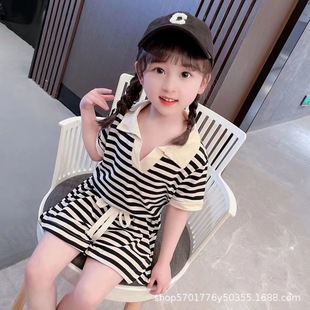 女童夏装套装2023儿童洋气，黑白条纹衣服女宝宝时髦运动两件套