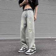 黄泥色星星牛仔裤男夏季潮牌美式高街嘻哈设计感宽松直筒休闲长裤