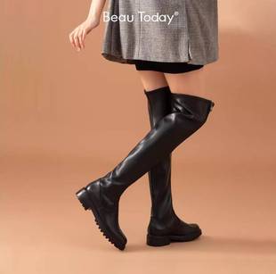 BeauToday秋季长筒靴BT法式小众单靴女粗腿过膝靴真皮骑士靴