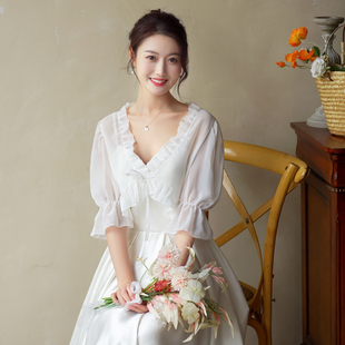 春夏雪纺披肩坎肩系带衫白色，薄款甜美韩式性感简约礼服伴娘配裙子