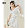 Oece甜美白色裙子春夏装女法式气质收腰连衣裙