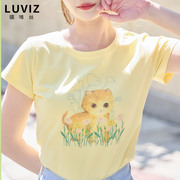短袖t恤女春夏女装可爱小猫，小清新印花棉t恤修身小众设计t恤