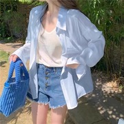 天蓝色薄款宽松慵懒感防晒衬衫2024夏季空调外衫大码外套