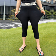高腰七分大码打底裤，女外穿夏季薄款黑色胖mm紧身骑行裤收腹瑜伽裤