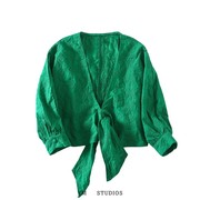 欧美女装   澳洲小众绿色重工十字花刺绣打结衬衫七分袖短款上衣