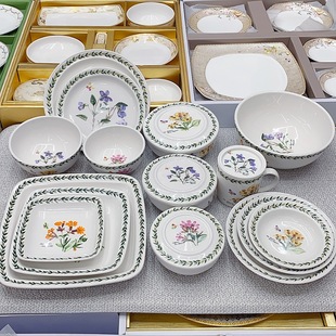 韩国进口陶瓷带盖碗饭汤碗圆盘方盘英式花卉田园风格家用盘子
