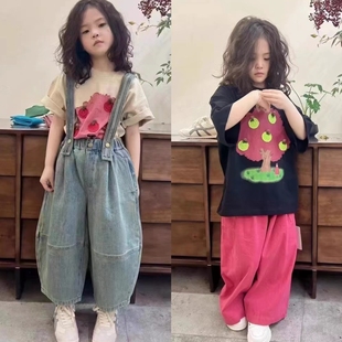 波拉韩国童装男女童纯棉短袖，t恤衫2024春夏，儿童潮范圆领上衣