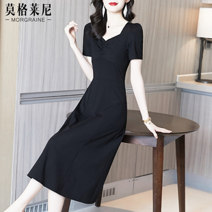 2024年女夏季黑色方领连衣裙高级感显瘦气质长裙赫本风小黑裙