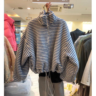 韩国东大门2023冬季女减龄高腰抽绳条纹立领短款羊羔毛外套潮